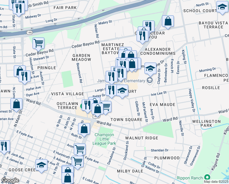 map of restaurants, bars, coffee shops, grocery stores, and more near 1104 Largo Street in Baytown