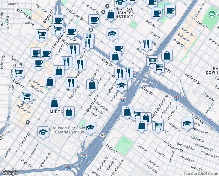 map of restaurants, bars, coffee shops, grocery stores, and more near 2310 Jackson Street in Houston