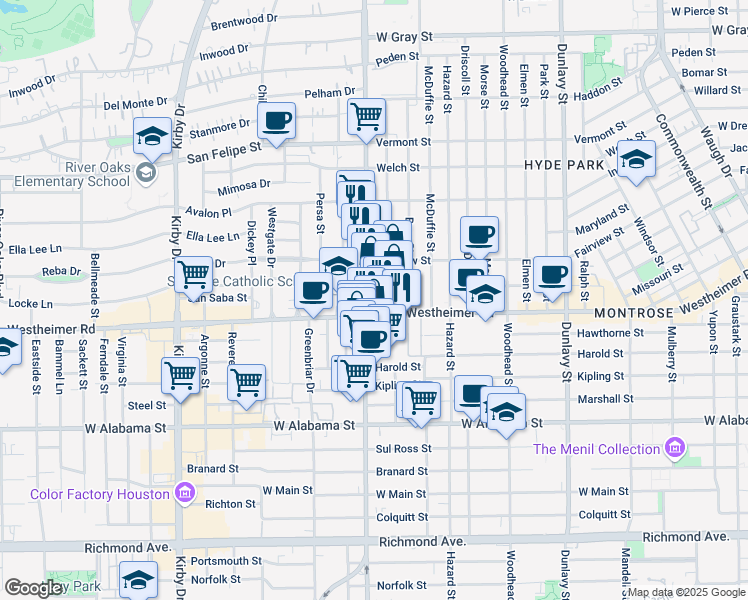 map of restaurants, bars, coffee shops, grocery stores, and more near 2501 Shepherd Drive in Houston