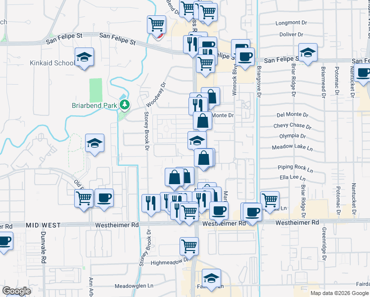 map of restaurants, bars, coffee shops, grocery stores, and more near 7510 Burgoyne Drive in Houston