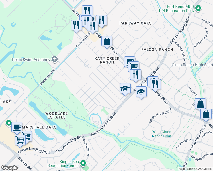 map of restaurants, bars, coffee shops, grocery stores, and more near Katy Creek Ranch Drive in Fort Bend County