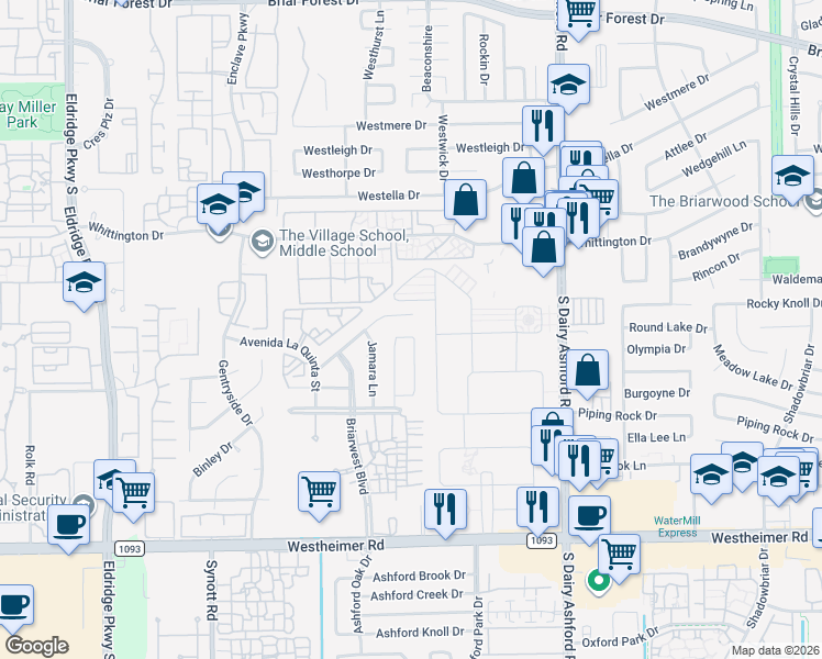 map of restaurants, bars, coffee shops, grocery stores, and more near 12707 Sandri Lane in Houston