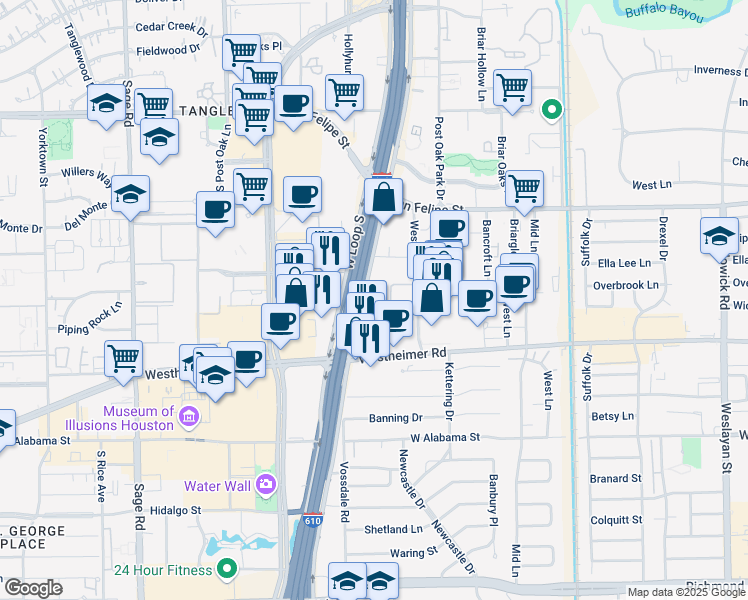 map of restaurants, bars, coffee shops, grocery stores, and more near 2315 West Loop South in Houston
