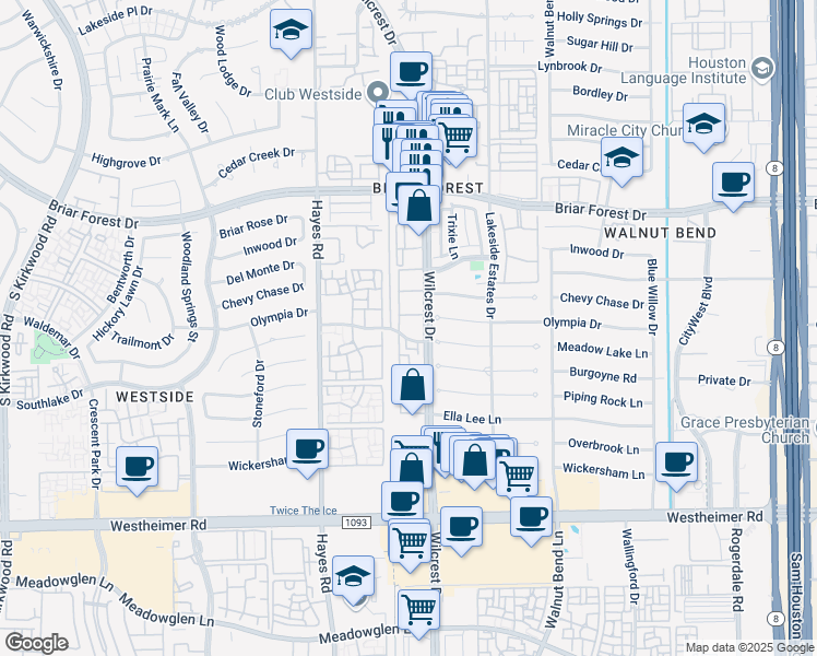 map of restaurants, bars, coffee shops, grocery stores, and more near 2120 Wilcrest Drive in Houston