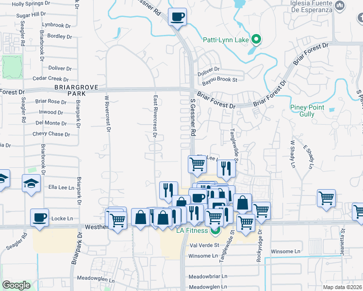 map of restaurants, bars, coffee shops, grocery stores, and more near 1854 South Gessner Road in Houston