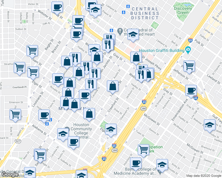 map of restaurants, bars, coffee shops, grocery stores, and more near 1403 McGowen Street in Houston