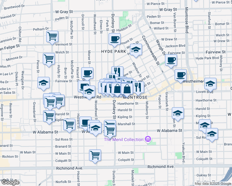 map of restaurants, bars, coffee shops, grocery stores, and more near 2506 Ralph Street in Houston