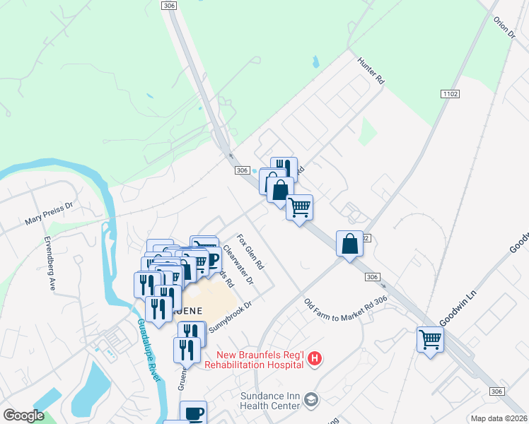 map of restaurants, bars, coffee shops, grocery stores, and more near 1950 Hunter Road in New Braunfels