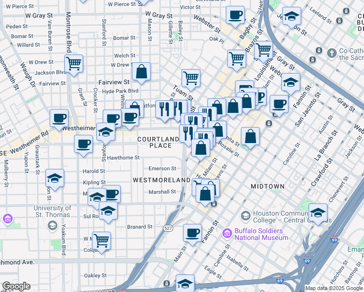map of restaurants, bars, coffee shops, grocery stores, and more near 1 Courtlandt Place in Houston