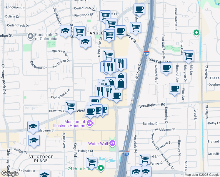 map of restaurants, bars, coffee shops, grocery stores, and more near 2200 Post Oak Boulevard in Houston