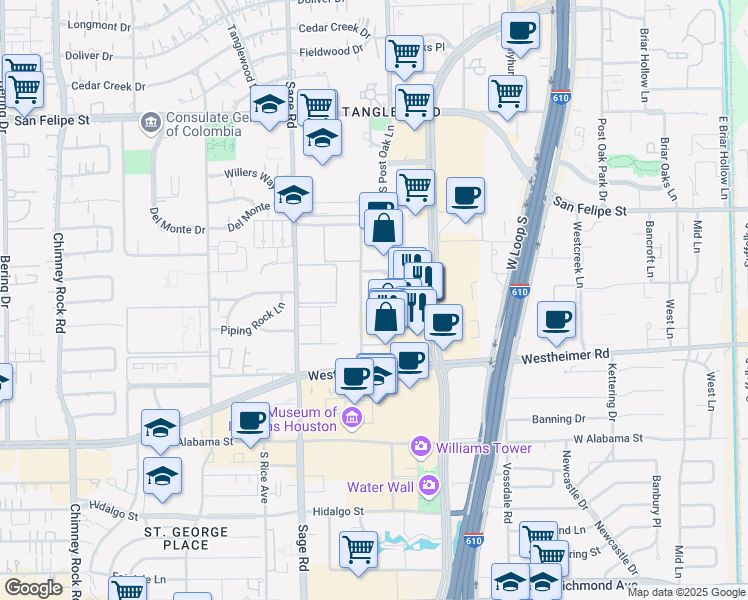 map of restaurants, bars, coffee shops, grocery stores, and more near 2525 McCue Road in Houston