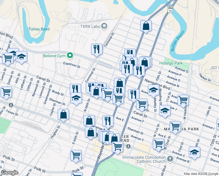 map of restaurants, bars, coffee shops, grocery stores, and more near 6704 Avenue J in Houston