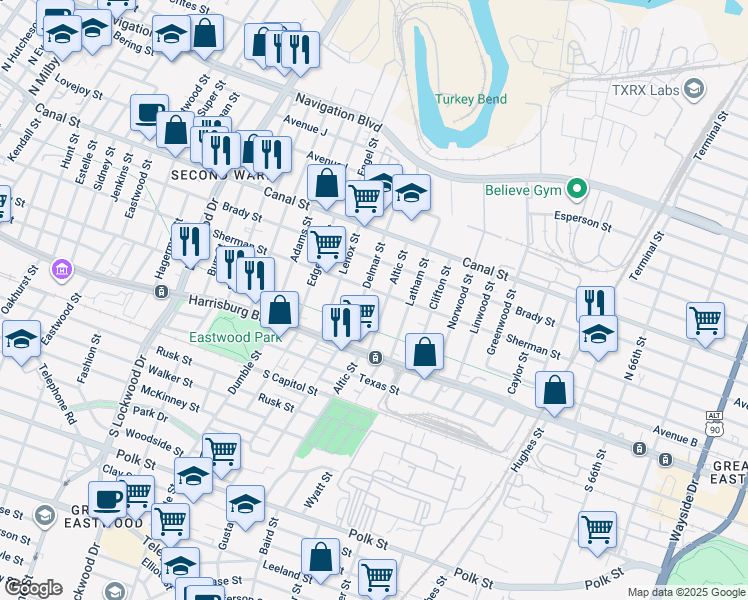 map of restaurants, bars, coffee shops, grocery stores, and more near 201 Delmar Street in Houston