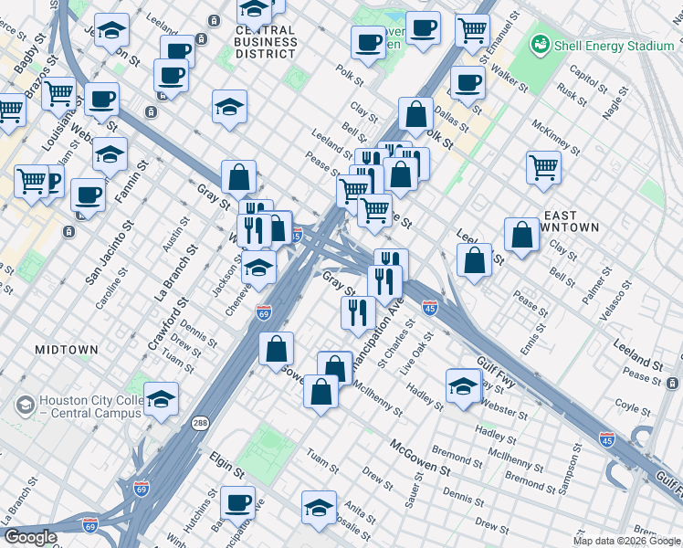 map of restaurants, bars, coffee shops, grocery stores, and more near 2013 Saint Emanuel Street in Houston