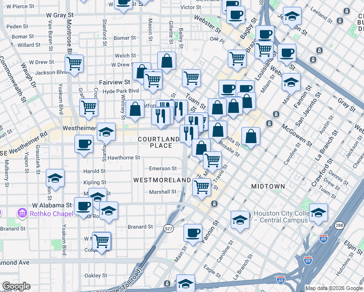 map of restaurants, bars, coffee shops, grocery stores, and more near 1 Courtlandt Place in Houston