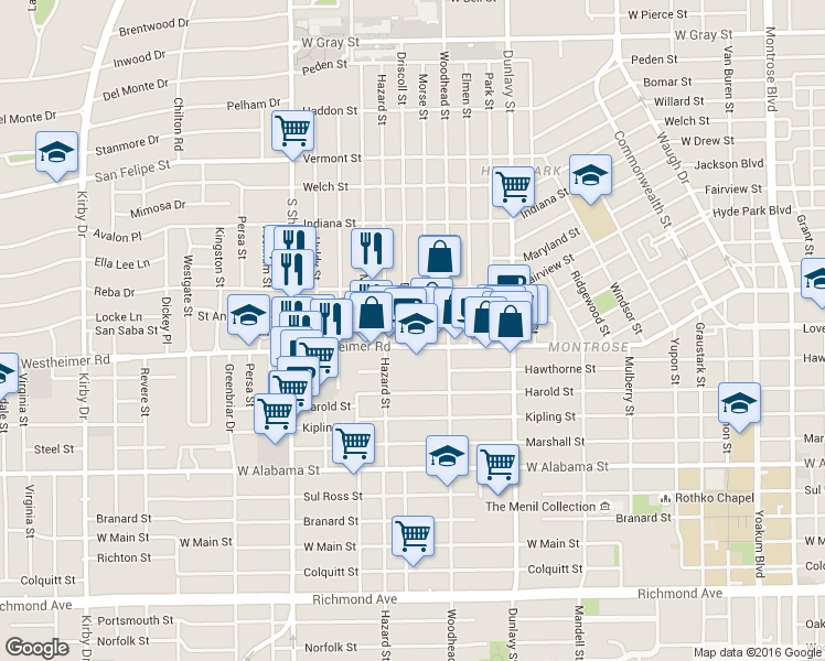 map of restaurants, bars, coffee shops, grocery stores, and more near 2505 Driscoll Street in Houston