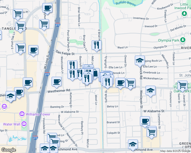 map of restaurants, bars, coffee shops, grocery stores, and more near 2311 Mid Lane in Houston