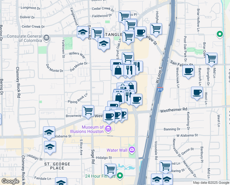 map of restaurants, bars, coffee shops, grocery stores, and more near 2525 McCue Road in Houston