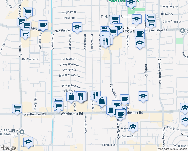 map of restaurants, bars, coffee shops, grocery stores, and more near 2225 Potomac Drive in Houston