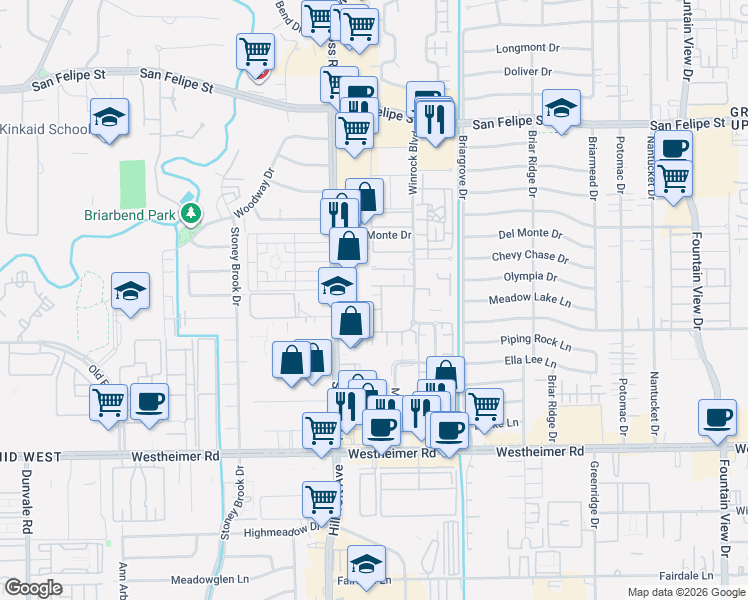 map of restaurants, bars, coffee shops, grocery stores, and more near 6417 Olympia Drive in Houston