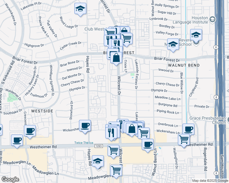 map of restaurants, bars, coffee shops, grocery stores, and more near 2120 Wilcrest Drive in Houston