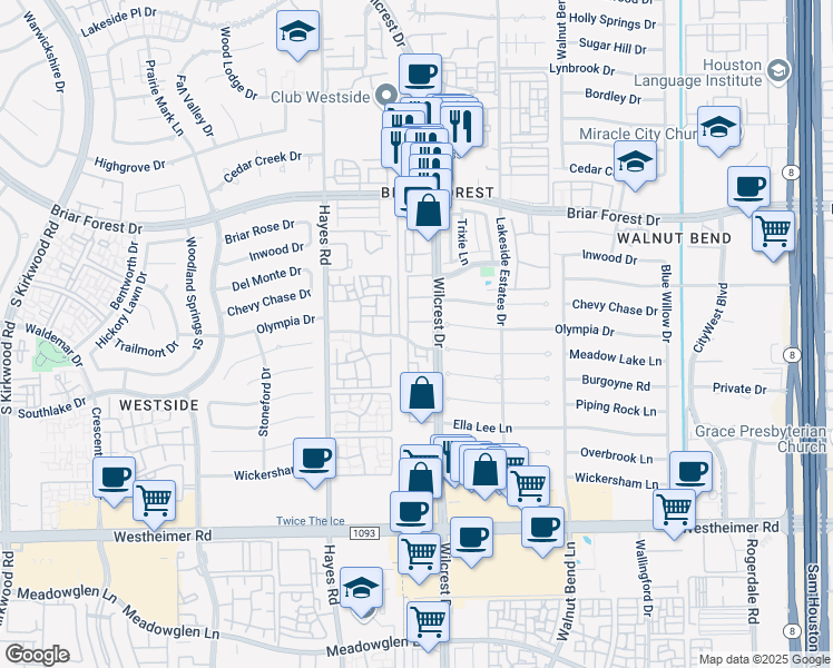 map of restaurants, bars, coffee shops, grocery stores, and more near 2120 Wilcrest Drive in Houston