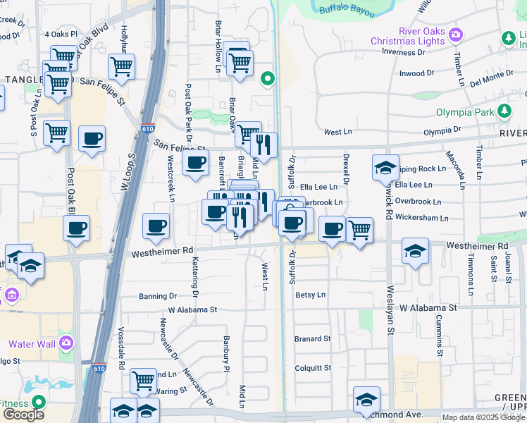 map of restaurants, bars, coffee shops, grocery stores, and more near 2311 Mid Lane in Houston