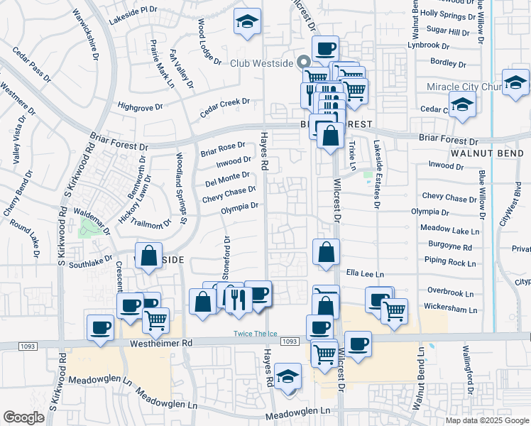 map of restaurants, bars, coffee shops, grocery stores, and more near Hayes Rd & Olympia Dr in Houston