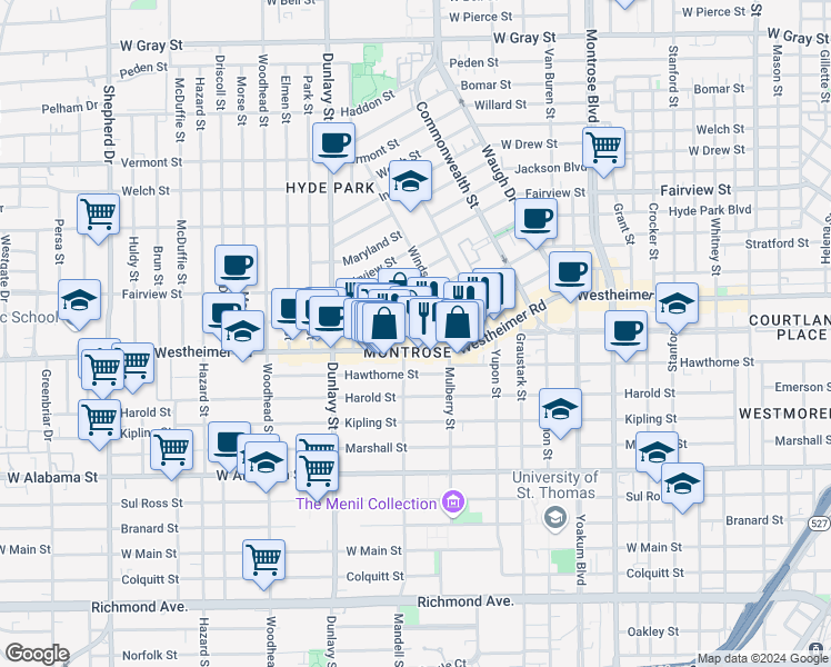 map of restaurants, bars, coffee shops, grocery stores, and more near 1805 Missouri Street in Houston