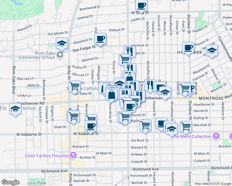 map of restaurants, bars, coffee shops, grocery stores, and more near 2120 Westheimer Road in Houston