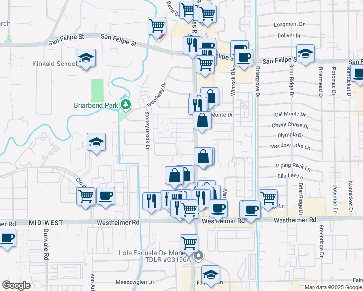 map of restaurants, bars, coffee shops, grocery stores, and more near 7510 Burgoyne Drive in Houston