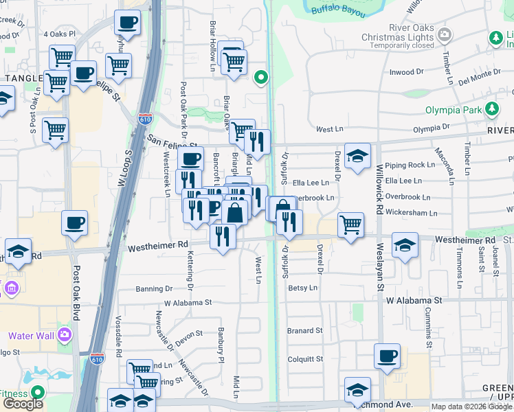 map of restaurants, bars, coffee shops, grocery stores, and more near 2311 Mid Lane in Houston