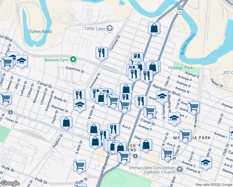 map of restaurants, bars, coffee shops, grocery stores, and more near 6704 Avenue J in Houston