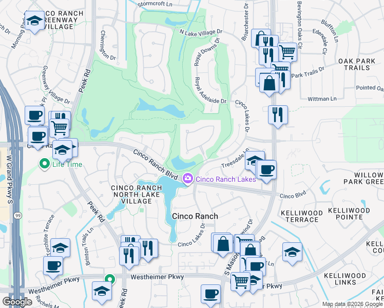map of restaurants, bars, coffee shops, grocery stores, and more near 5 Hollingers Island in Katy