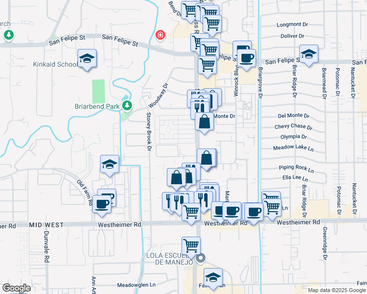 map of restaurants, bars, coffee shops, grocery stores, and more near 7510 Burgoyne Drive in Houston