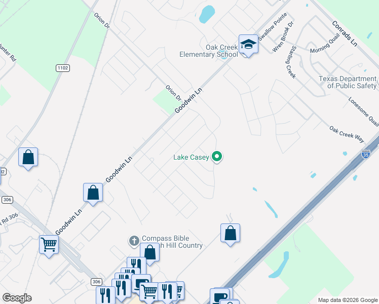 map of restaurants, bars, coffee shops, grocery stores, and more near 2838 Goodwin Lane in New Braunfels