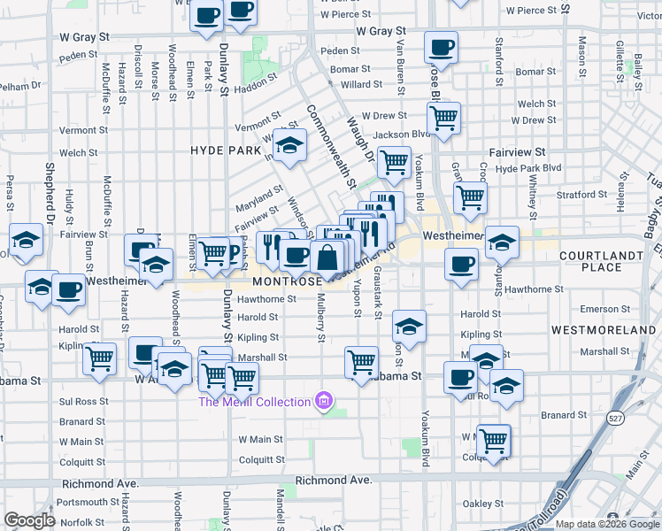 map of restaurants, bars, coffee shops, grocery stores, and more near 1617 California Street in Houston