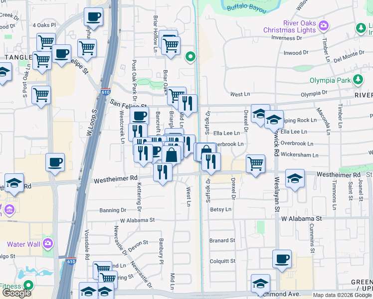 map of restaurants, bars, coffee shops, grocery stores, and more near 2311 Mid Lane in Houston