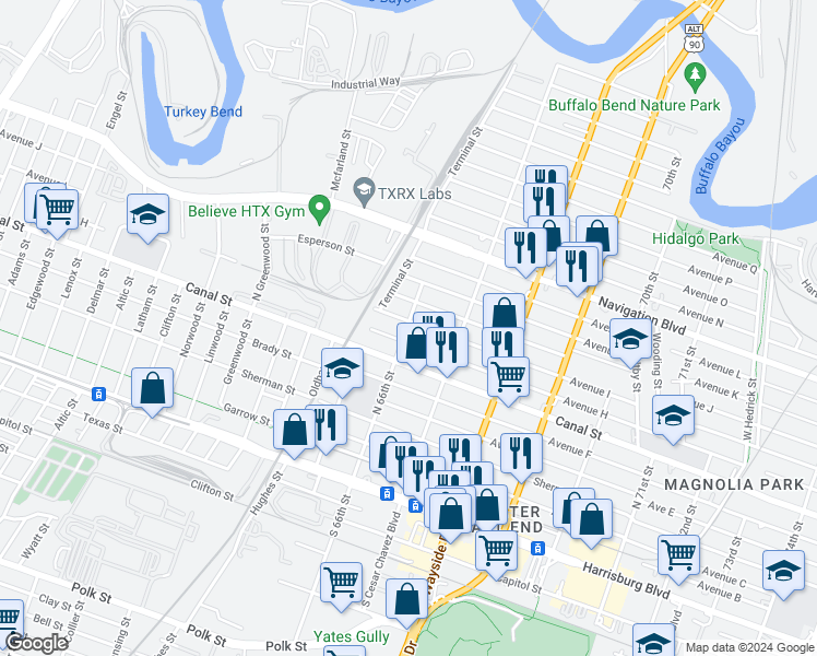 map of restaurants, bars, coffee shops, grocery stores, and more near 6536 Avenue I in Houston