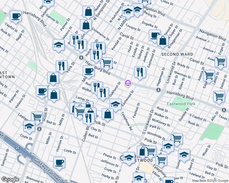 map of restaurants, bars, coffee shops, grocery stores, and more near 4203 Rusk Street in Houston