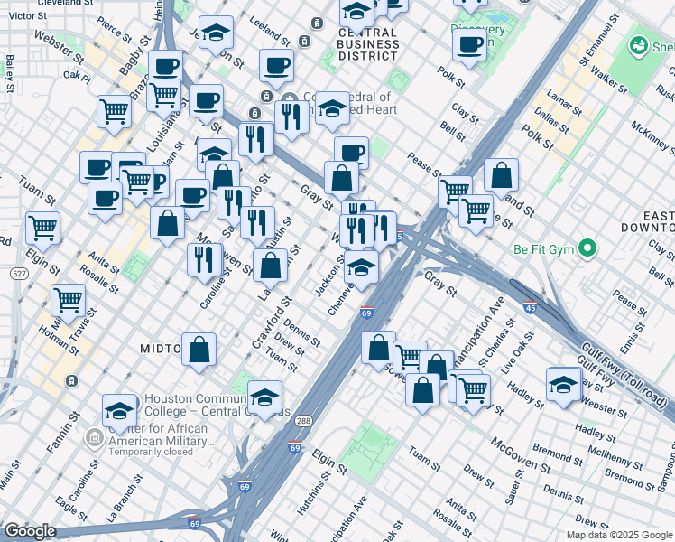 map of restaurants, bars, coffee shops, grocery stores, and more near 2310 Jackson Street in Houston