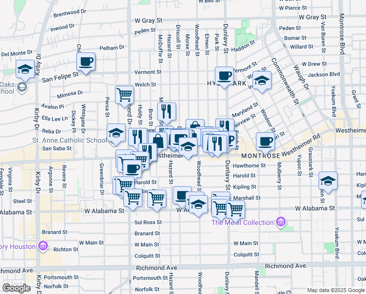 map of restaurants, bars, coffee shops, grocery stores, and more near 2505 Driscoll Street in Houston