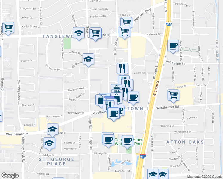 map of restaurants, bars, coffee shops, grocery stores, and more near 2320 McCue Road in Houston
