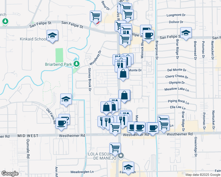 map of restaurants, bars, coffee shops, grocery stores, and more near 7510 Burgoyne Drive in Houston