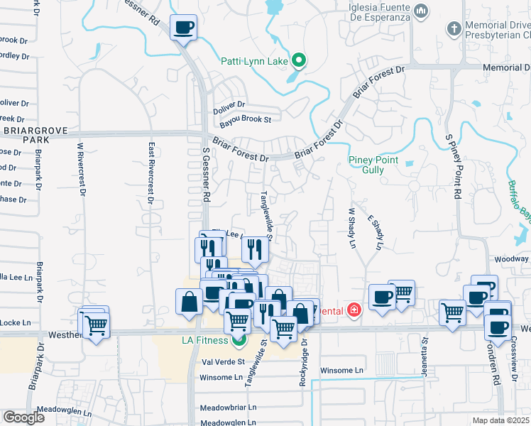 map of restaurants, bars, coffee shops, grocery stores, and more near 801 Tanglewilde Street in Houston