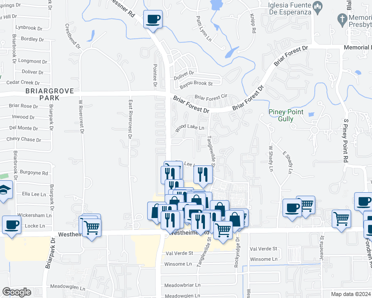 map of restaurants, bars, coffee shops, grocery stores, and more near 2055 South Gessner Road in Houston