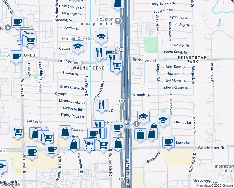 map of restaurants, bars, coffee shops, grocery stores, and more near 2101 CityWest Boulevard in Houston
