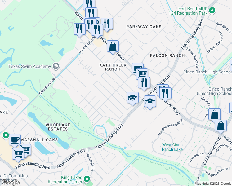 map of restaurants, bars, coffee shops, grocery stores, and more near 25018 Florina Ranch Drive in Katy