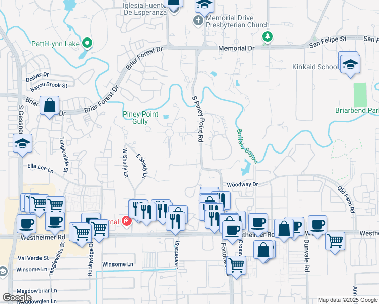 map of restaurants, bars, coffee shops, grocery stores, and more near 2210 South Piney Point Road in Houston