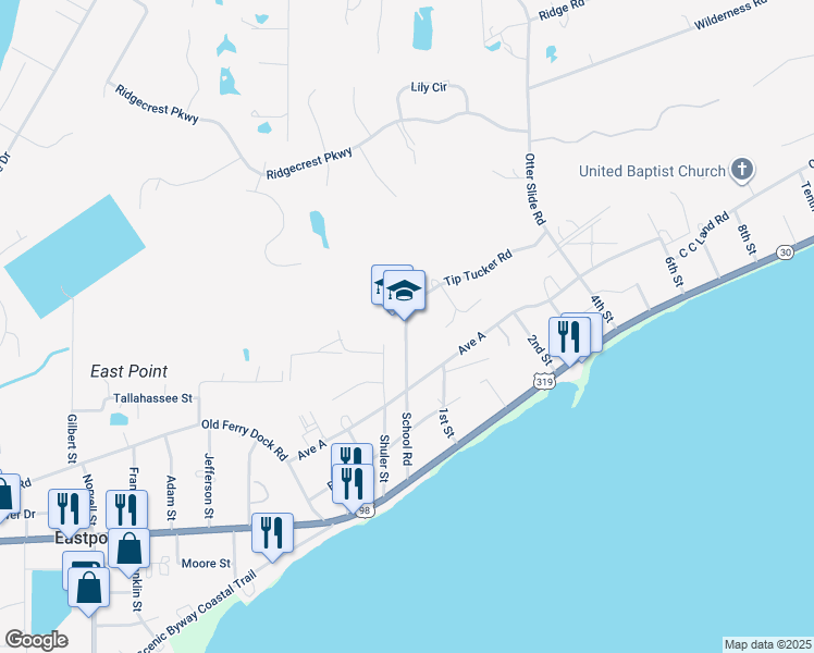 map of restaurants, bars, coffee shops, grocery stores, and more near 85 School Road in Eastpoint
